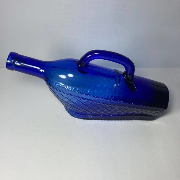 Vintage Cobalt Blue Embossed Wine Bottle | Quilted Lattice Wicker Basket, Handle - Picture 1 of 10